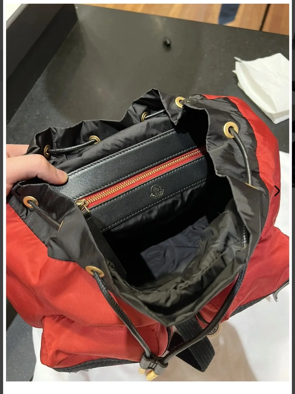 Moncler Red Nylon Mini Backpack with Gold-Tone Accents